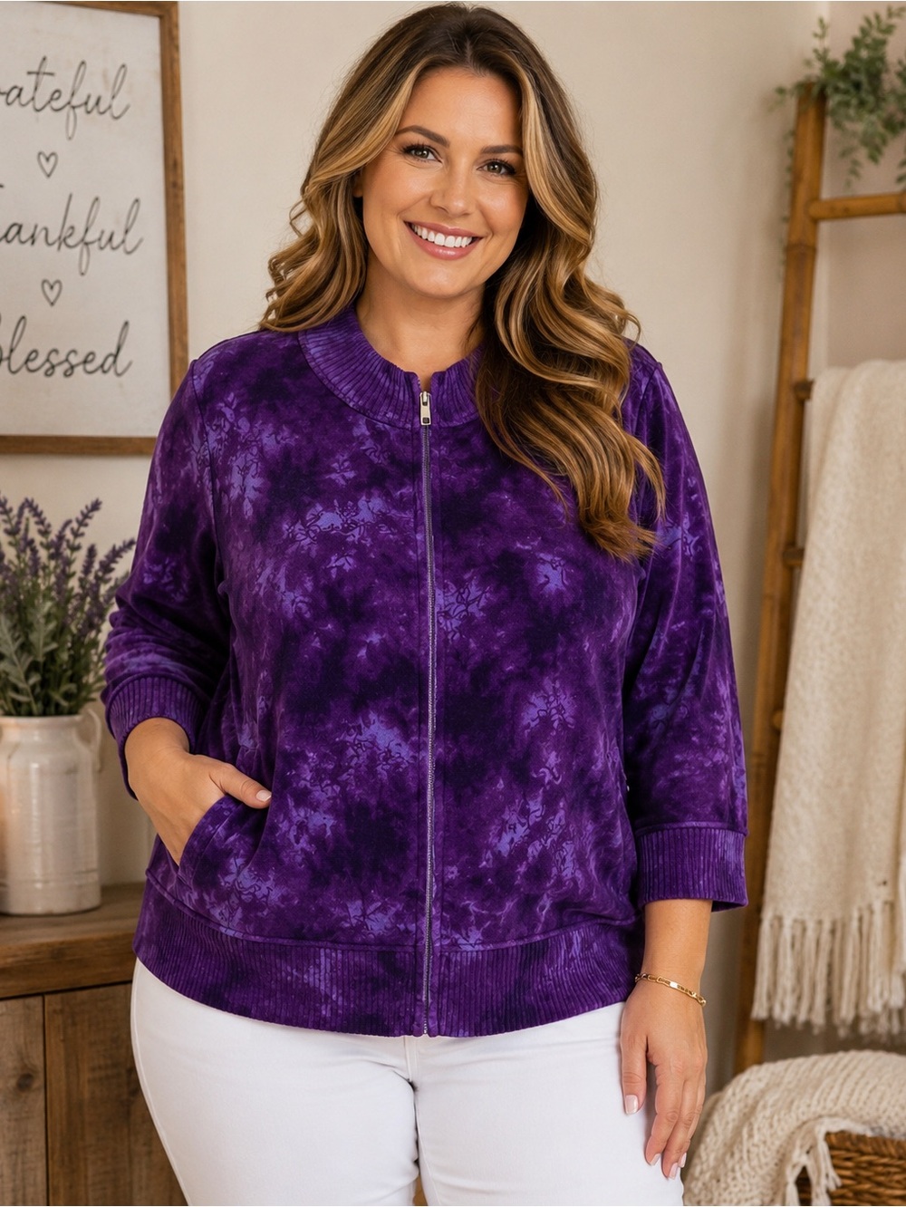 Relativity 3/4 Sleeve Purple Tie-Dye Zip Front Jacket L
